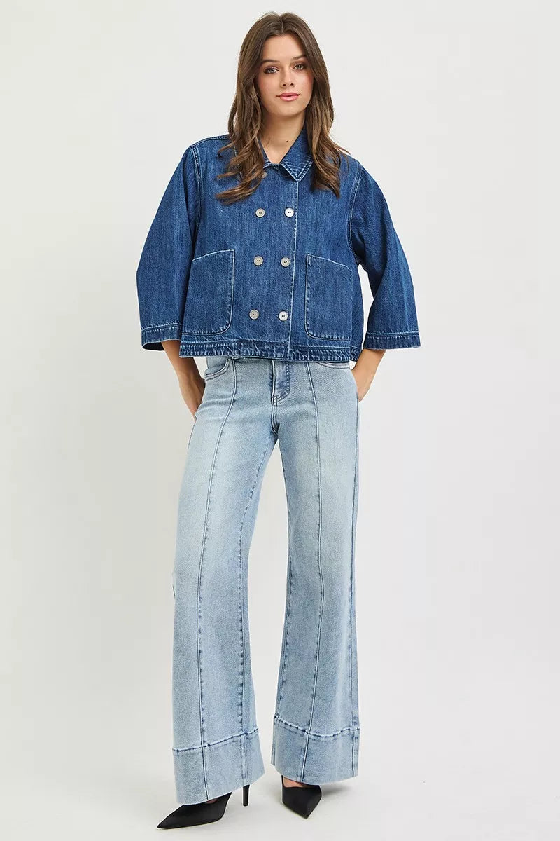 RISEN Double-Breasted Flowy Cropped Denim Jacket