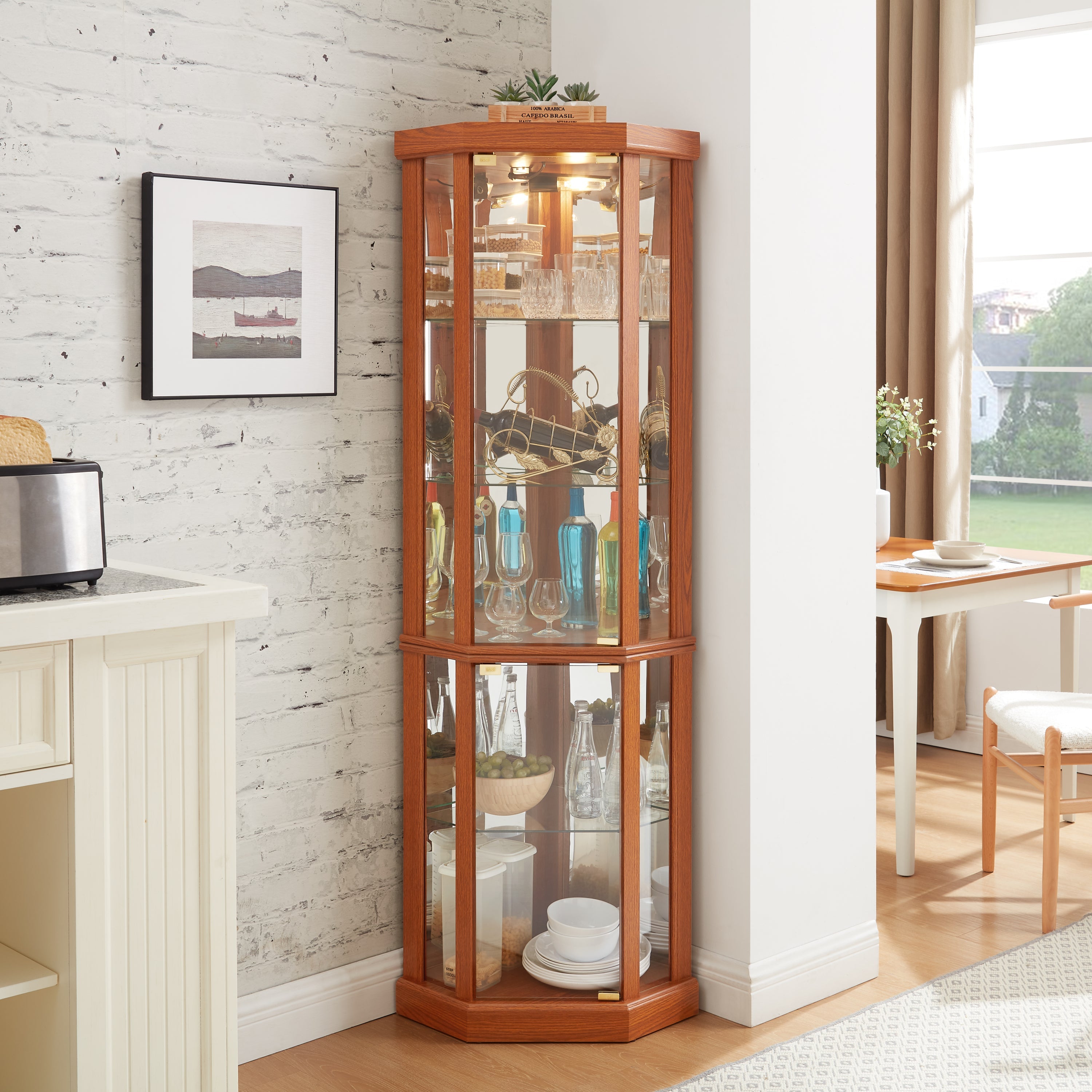 Corner Lighted Curio Cabinet Corner Glass Cabinet Lighted Curio Cabinet Corner Display Case for Living Room, Curio Cabinet, Antique collection, Wine,Bar Glass Storage Light Included,Dark oak