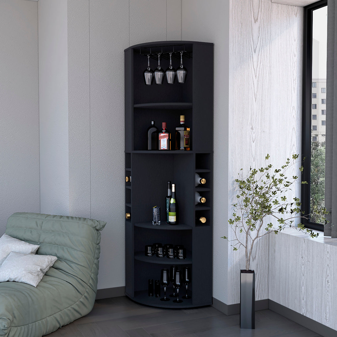 FM FURNITURE Clifton Corner Bar Cabinet, with 5 shelves,Cup Hanger and Eight Built-in Wine Rack, Black