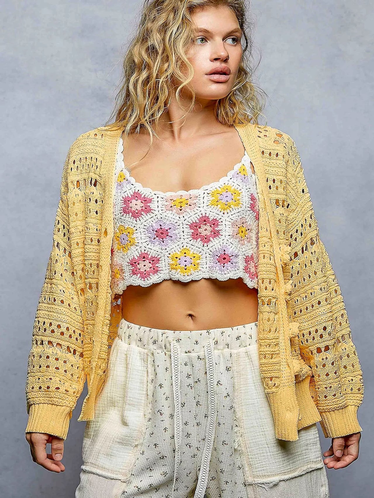 POL Open-Knit Floral Button Cardigan