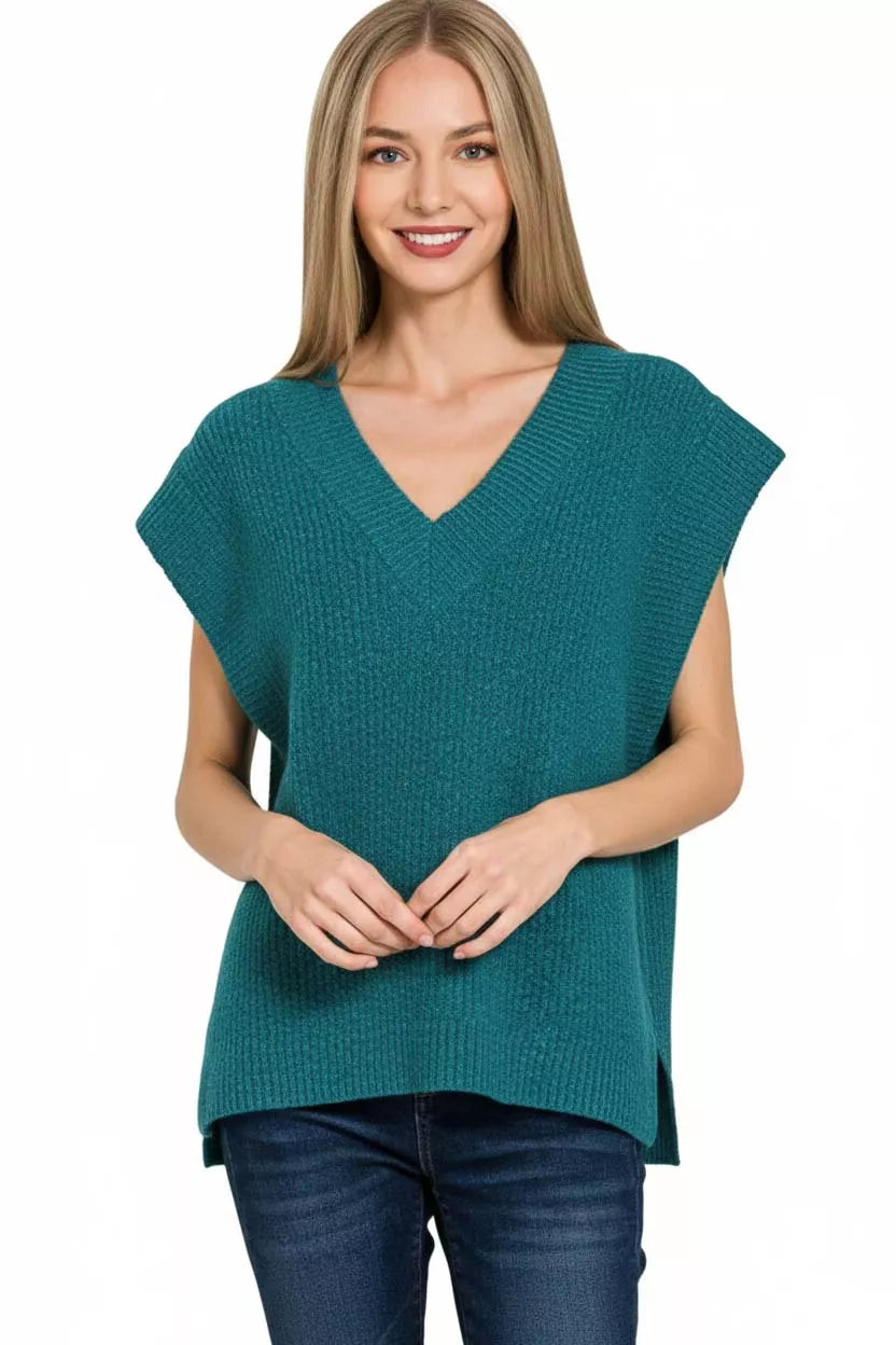 Zenana Ribbed Slit V-Neck Sweater Vest