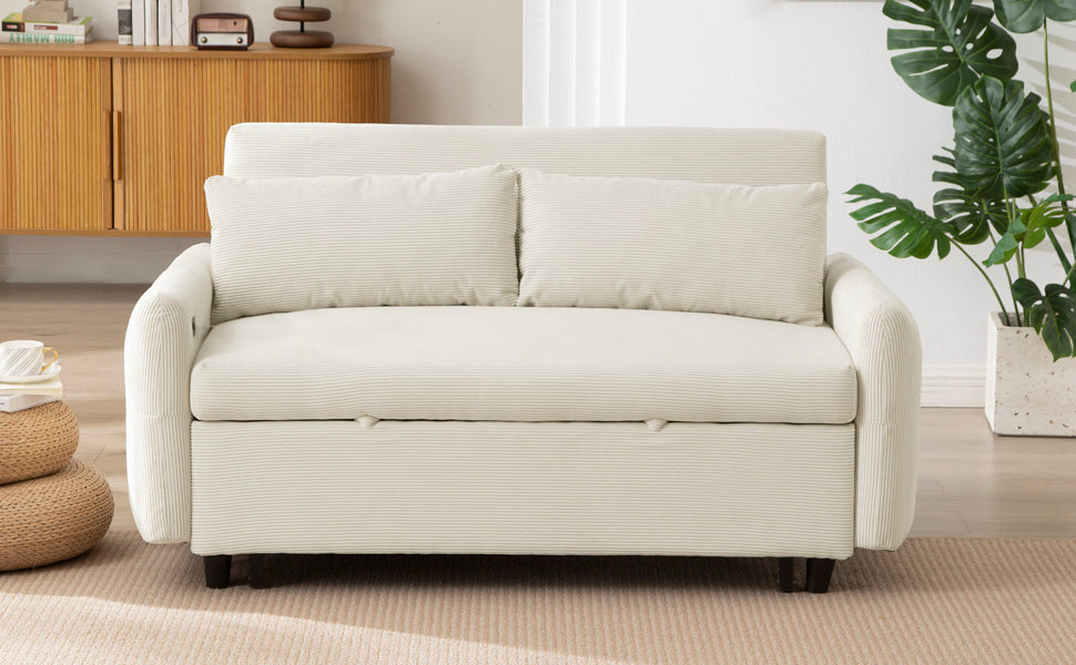Modern Convertible Pull-out Sofa Bed with USB Ports and Pillows, Beige Corduroy, 57.48 inches