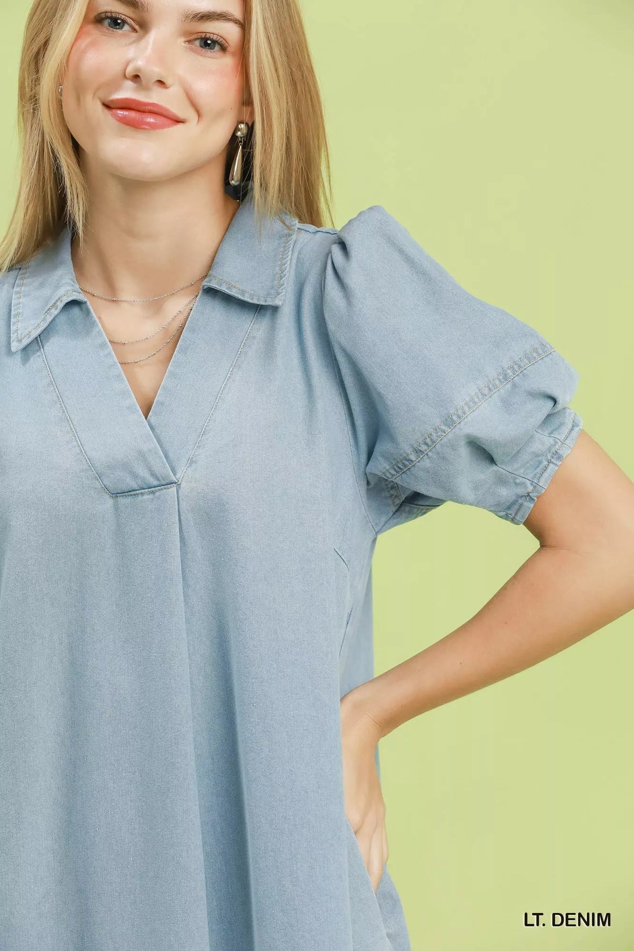 Umgee Chambray Collared Puff Sleeve Dress