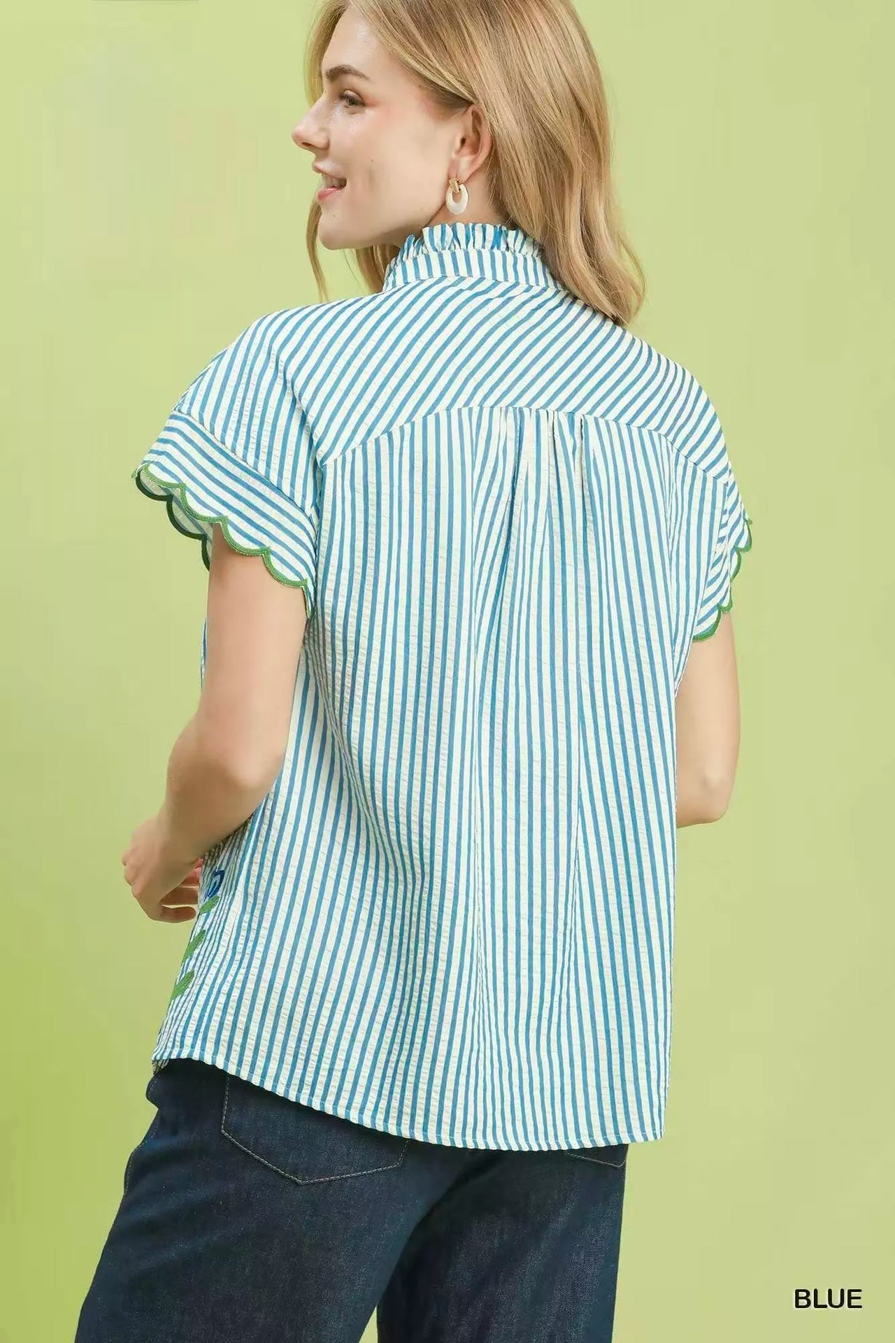 Umgee Embroidered Stripe Button Front Top