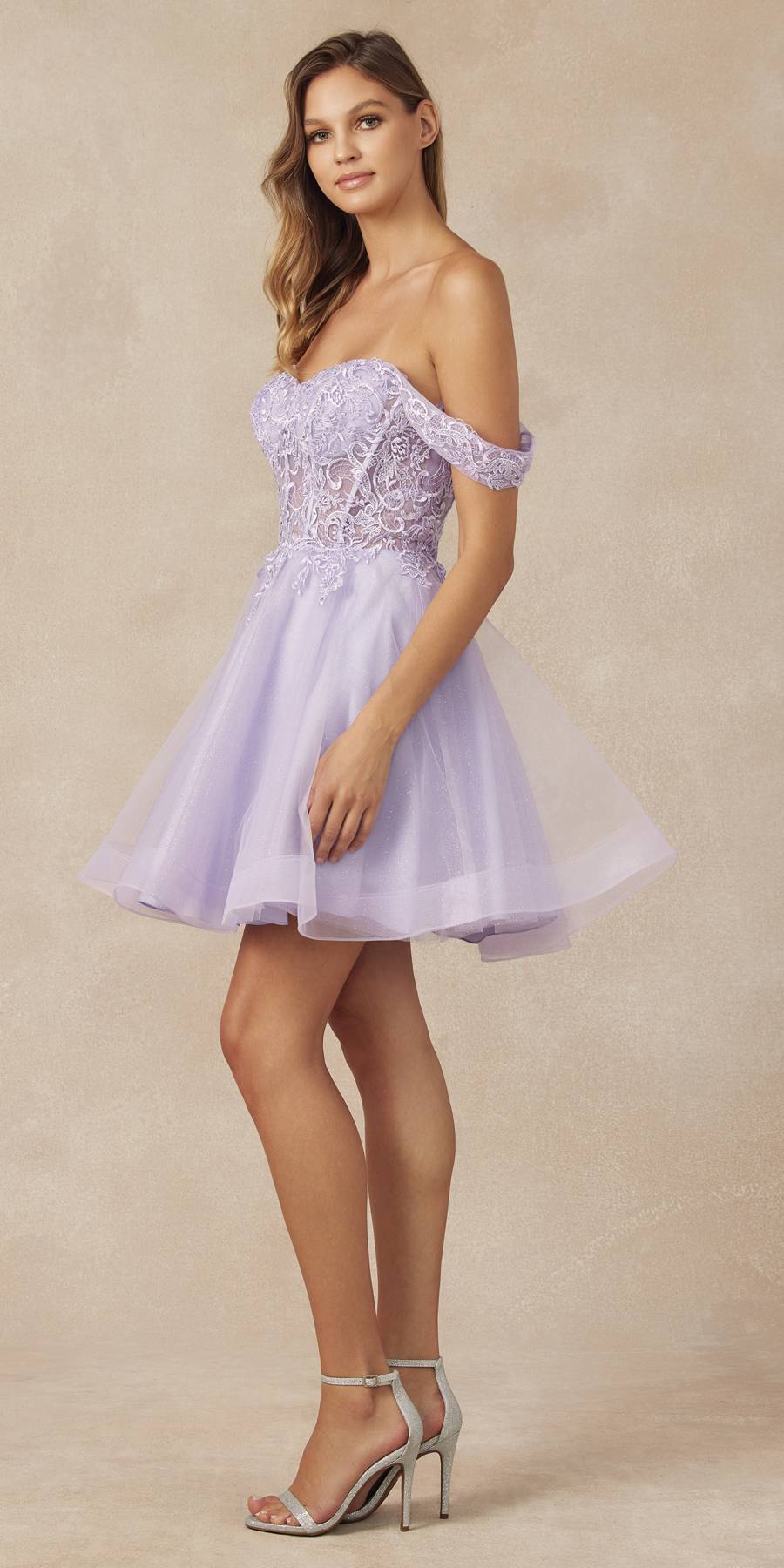 Juliet 880 Glitter Tulle A-Line Cold-Shoulder Homecoming Dress.