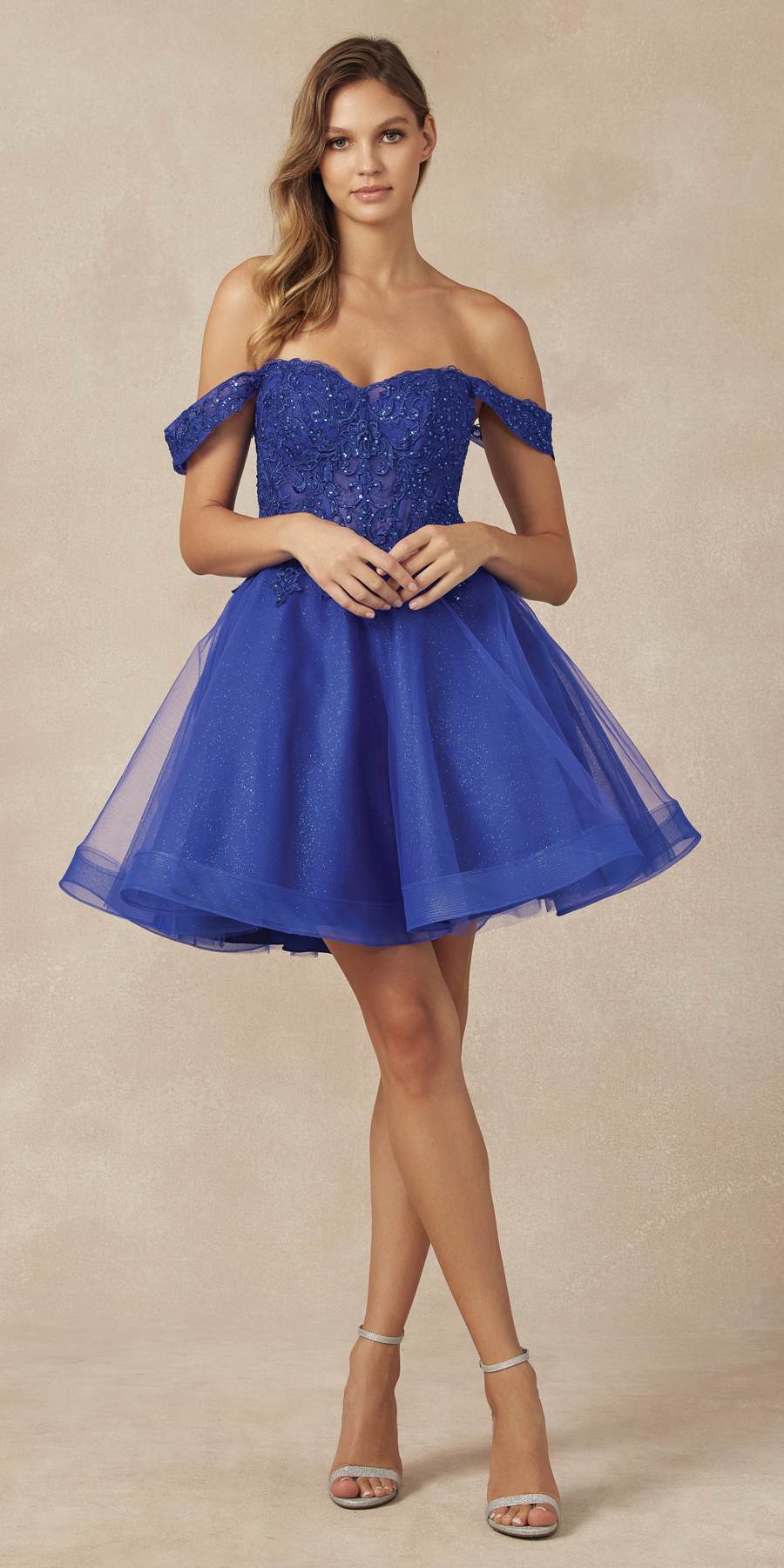 Juliet 880 Glitter Tulle A-Line Cold-Shoulder Homecoming Dress.