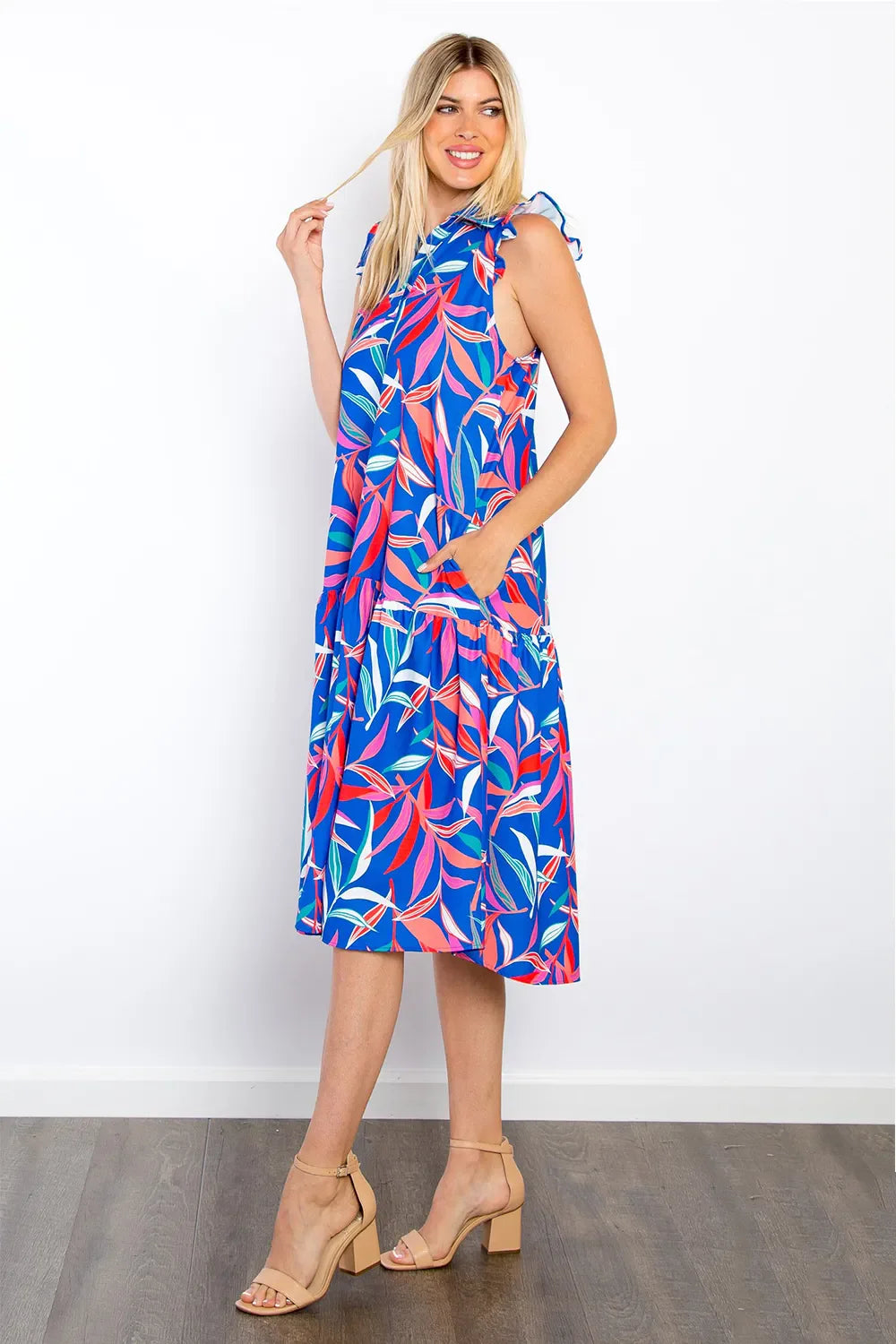 Be Stage Print Ruffled Midi Dress with Pockets