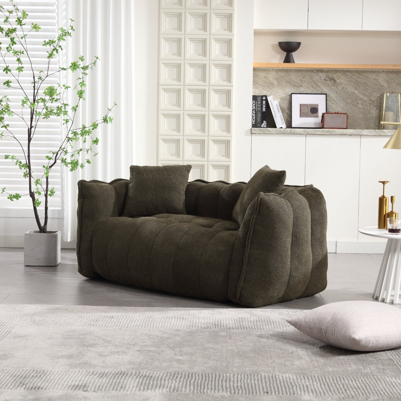 Cozy Beanbag Chair with High Resilience Foam Core for Two - Olive Green Chenille, 66x35x25 inches