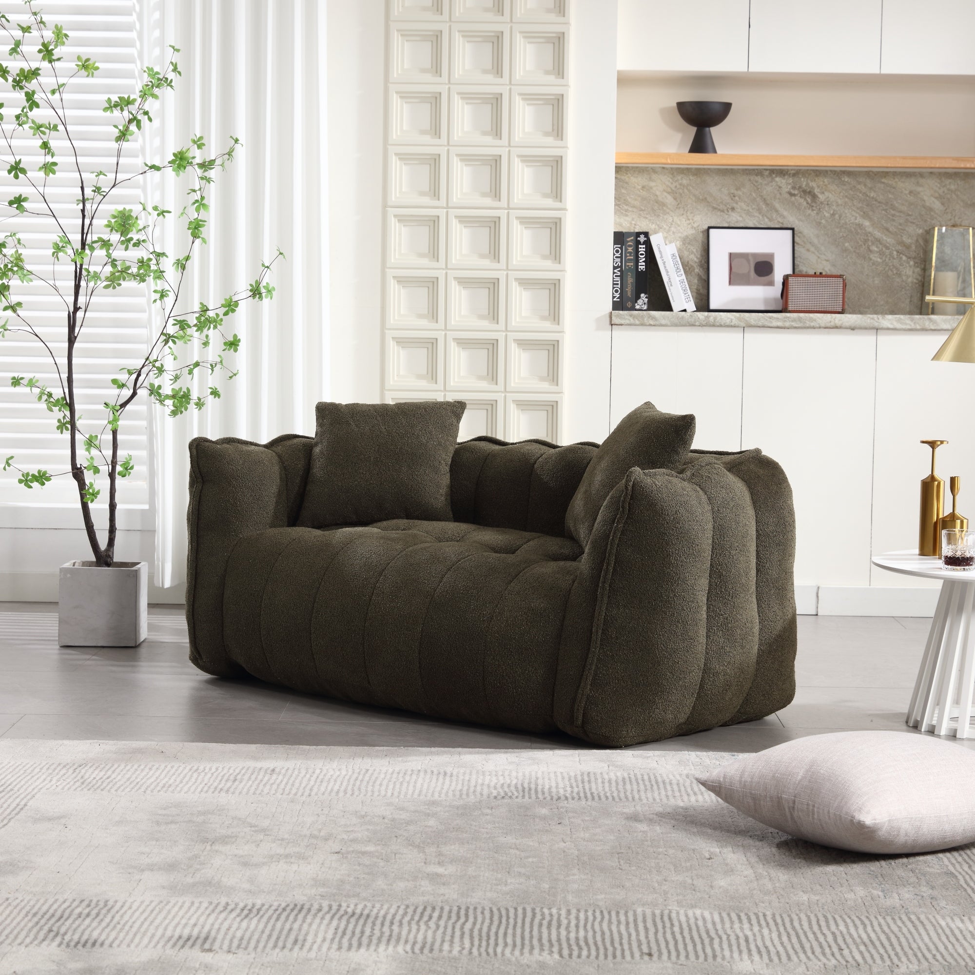 Cozy Beanbag Chair with High Resilience Foam Core for Two - Olive Green Chenille, 66x35x25 inches