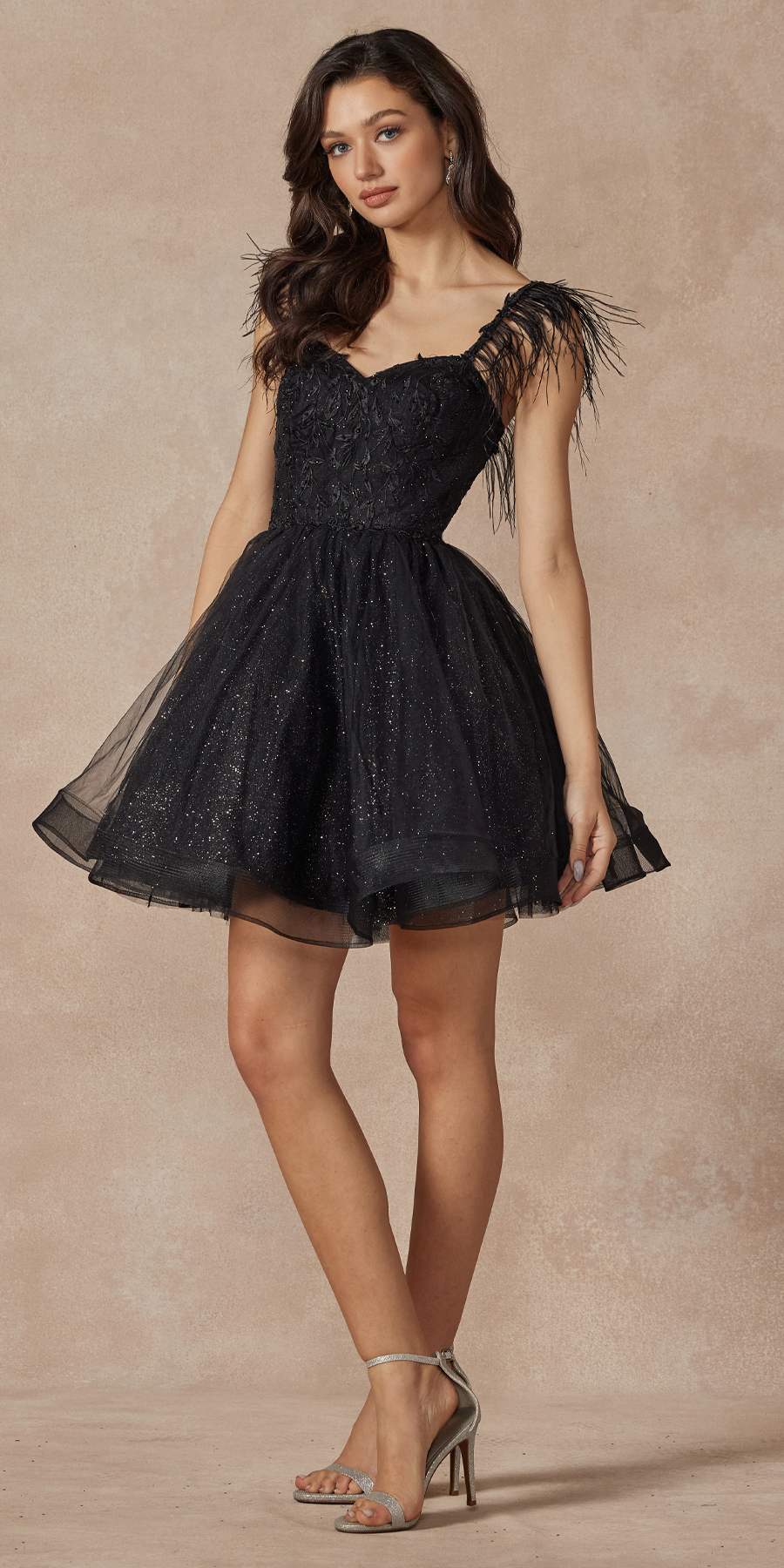 Juliet 881 Feather Straps Sheer Bodice Short A-line Tulle Dress