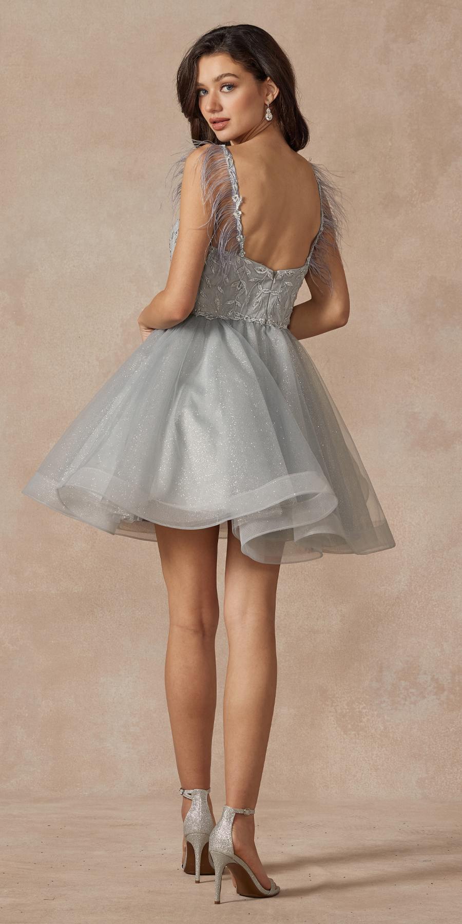 Juliet 881 Feather Straps Sheer Bodice Short A-line Tulle Dress
