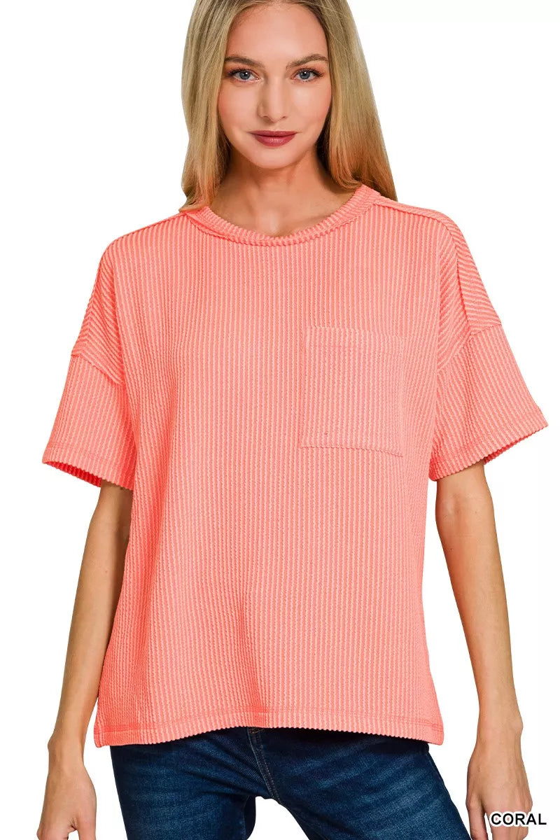 Zenana Raised Rib Exposed Seam Short Sleeve Top