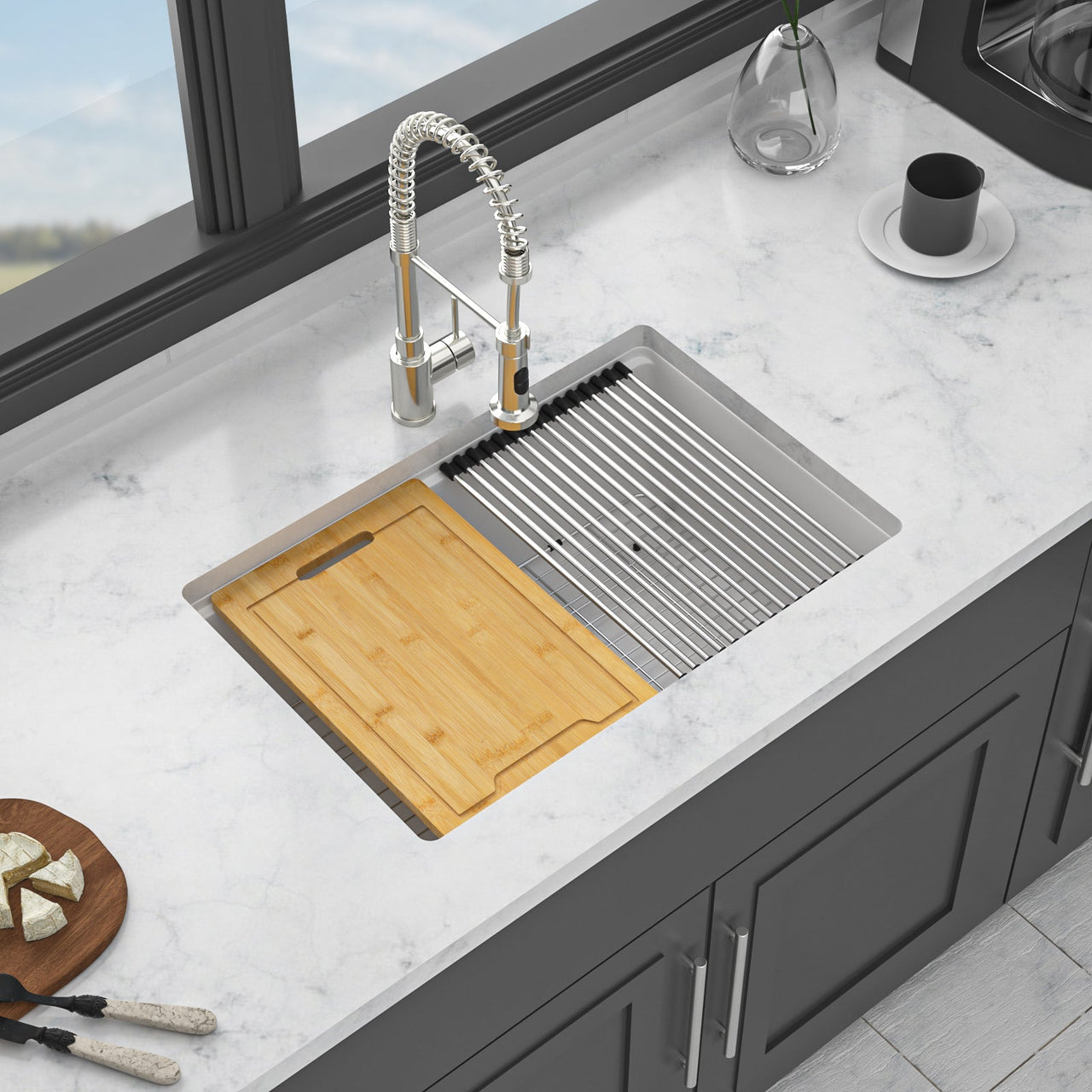 Quartz Kitchen Sink - 28' x 19' White Granite Composite Workstation Undermount Kitchen Sink