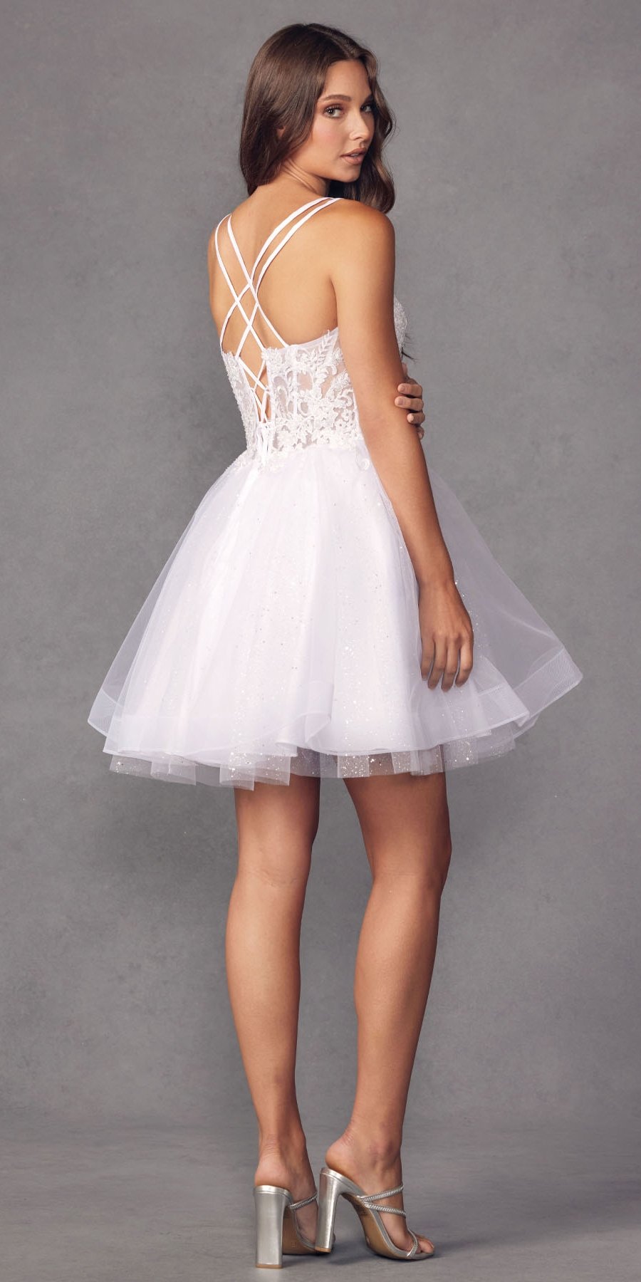 Juliet 883 Short A-Line Glitter Tulle Skirt Square Neck Thin Strap Dress