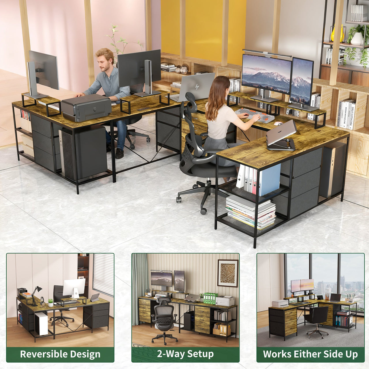 Industrial L-Shaped Computer Desk with Power Outlets & USB-C, Rustic Brown Metal Frame, 6 Fabric Drawers, 3 Open Shelves, Movable Monitor Stands, 114 Inch Corner Office Desk for Gaming and Work