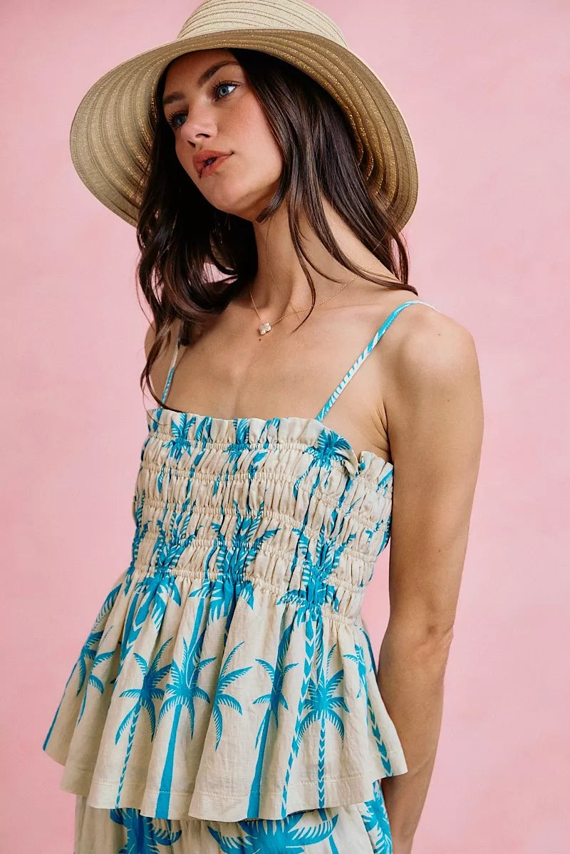 SO ME Palm Tree Smocked Bodice Adjustable Cami Top