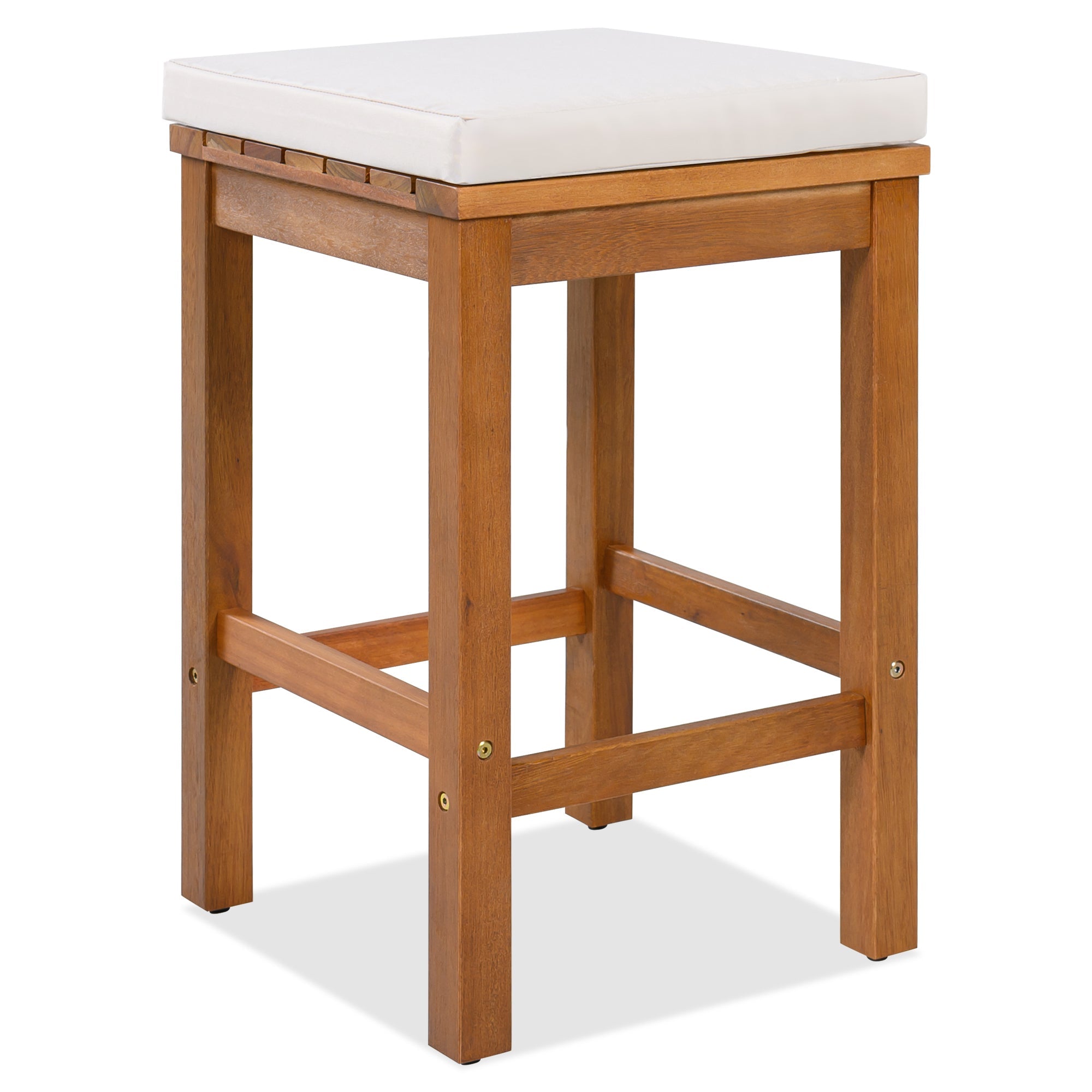 5 Piece Outdoor Bar Set, Patio Acacia Wood Bar Height Table & Four Stools with Cushions, Wood Dining Bar Set for Backyard, Poolside, Balcony, Beige Cushion and Natural Wood