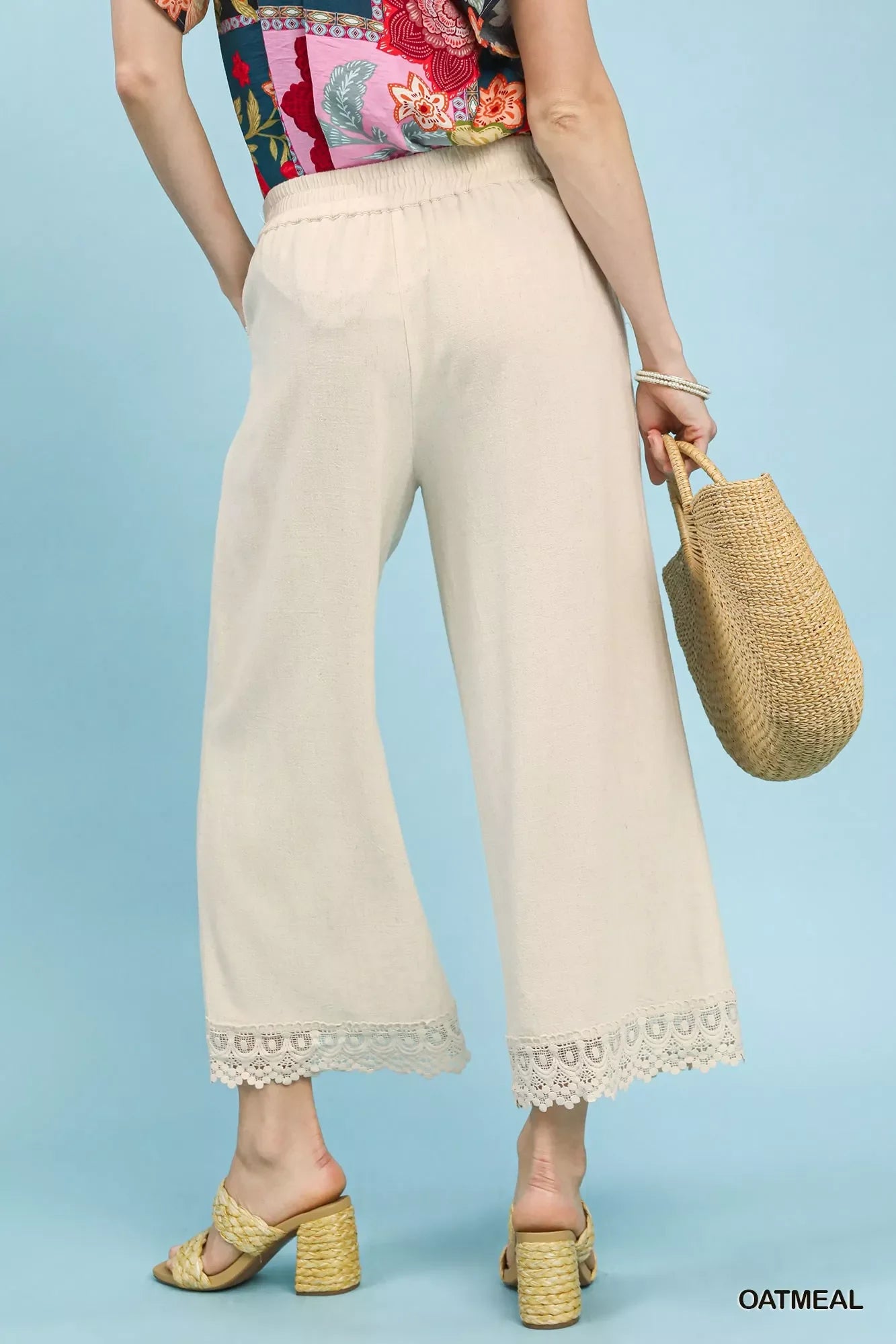 Umgee Linen Wide Leg Cropped Pants with Lace Trim