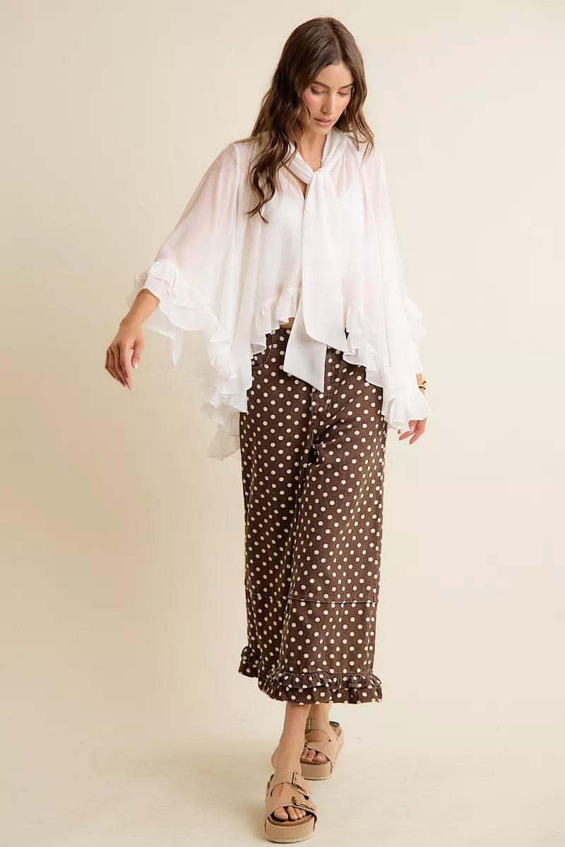 SO ME Sheer Ruffle Bell Sleeves Bow Tie Flowy Blouse Top
