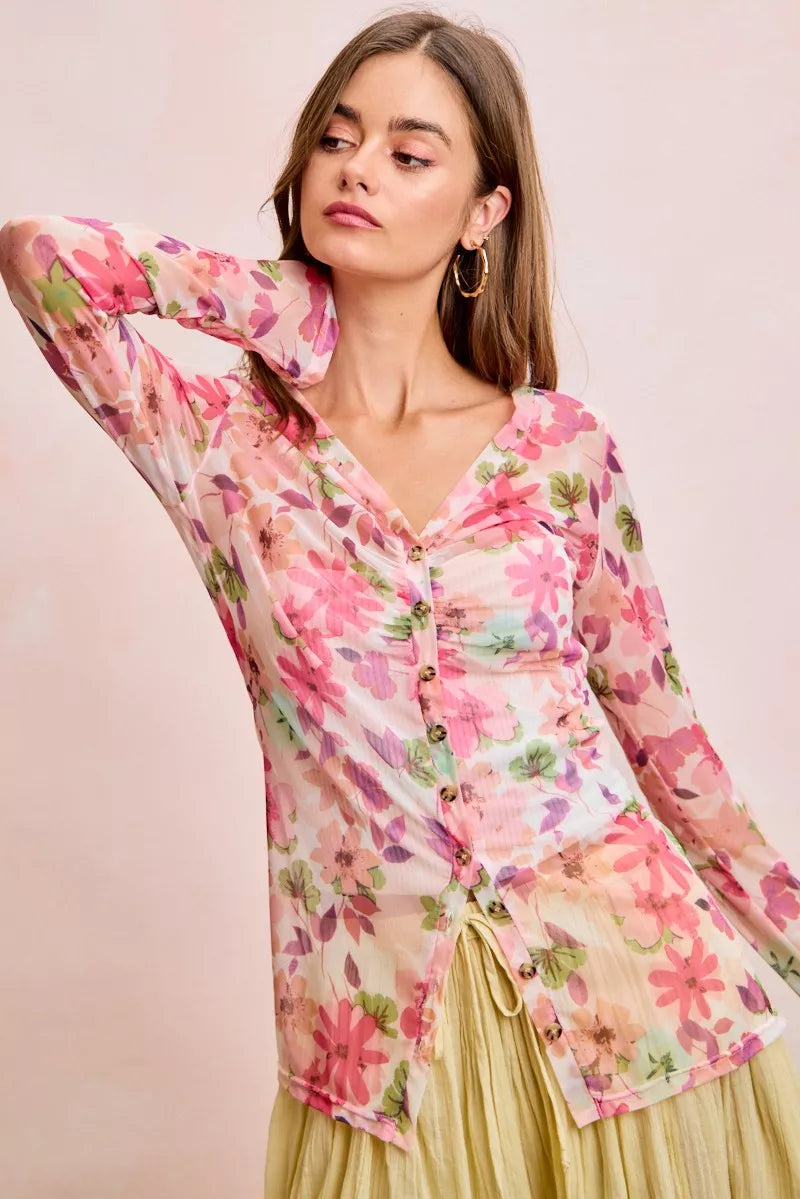 BiBi Floral Shrried Detail Button Up Mesh Cardigan Top