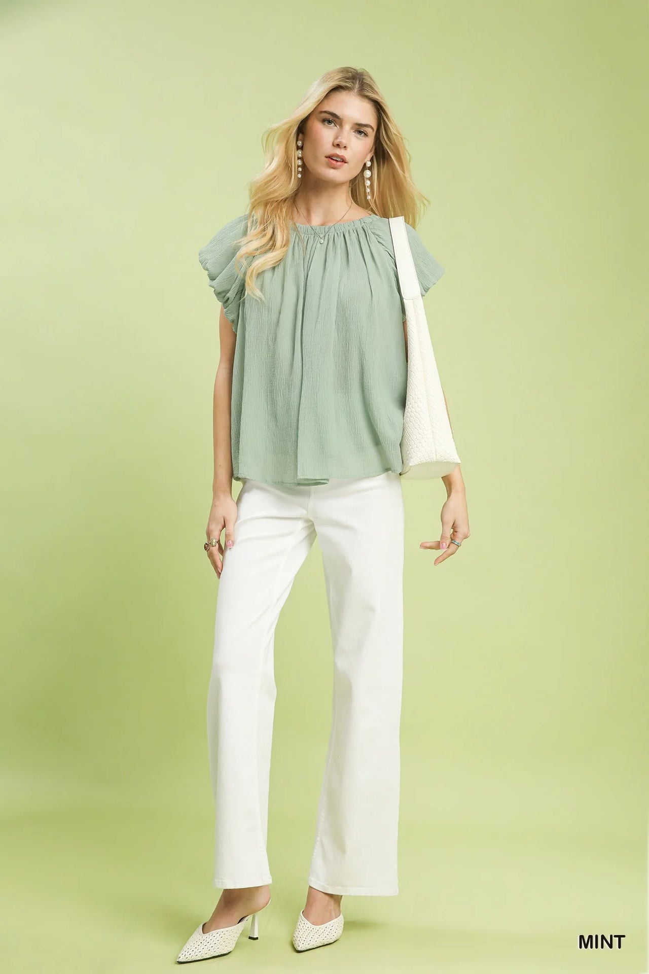 Umgee Crinkle Flutter Sleeve Peasant Top