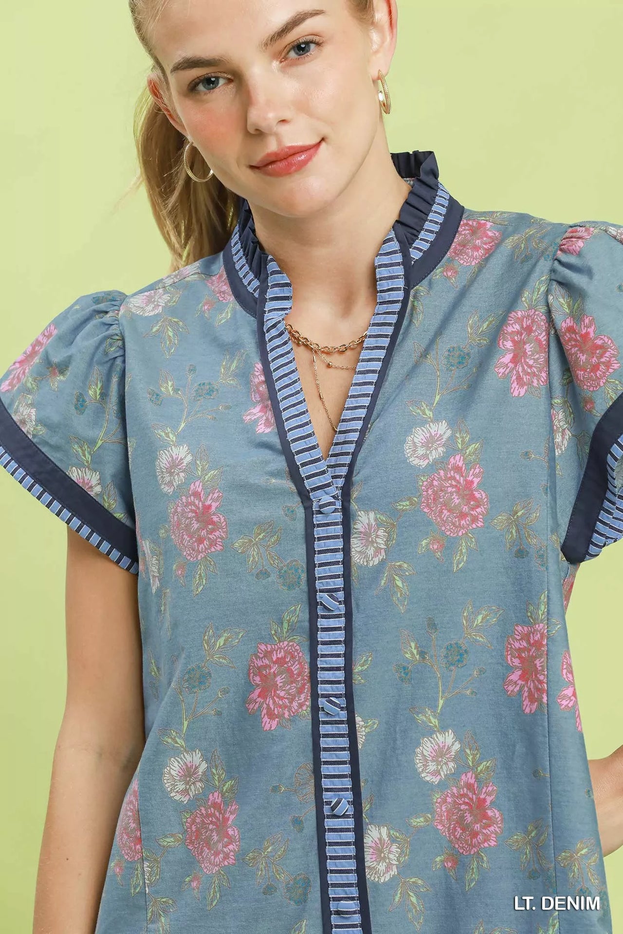 Umgee Floral Contrast Trim Ruffle Hem Mini Dress