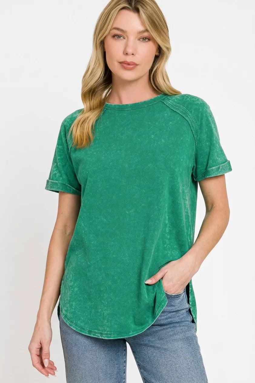 Zenana French Terry Washed Curved Hem Top