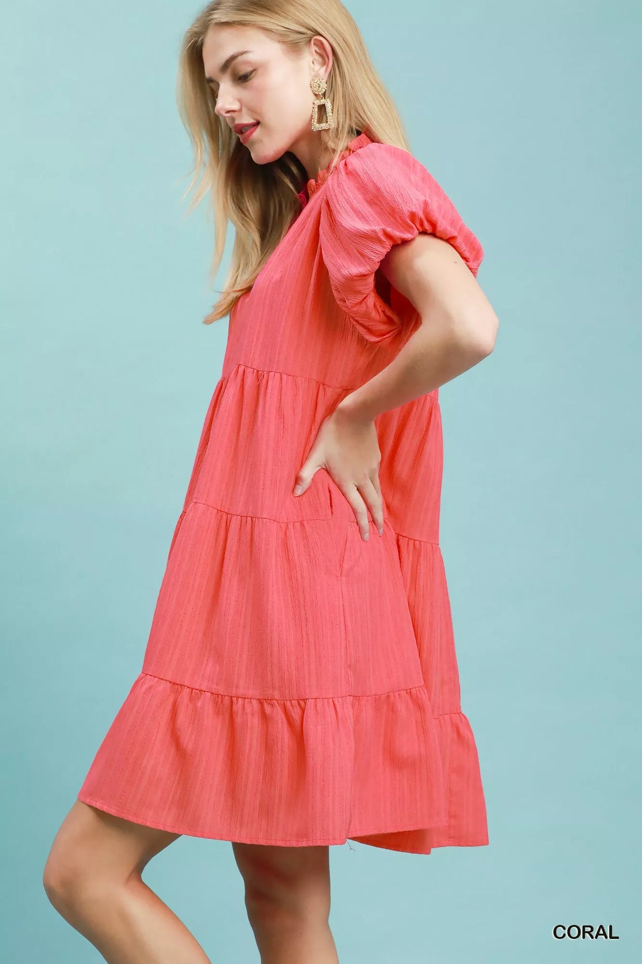 Umgee Puff Sleeve Tiered Babydoll Dress