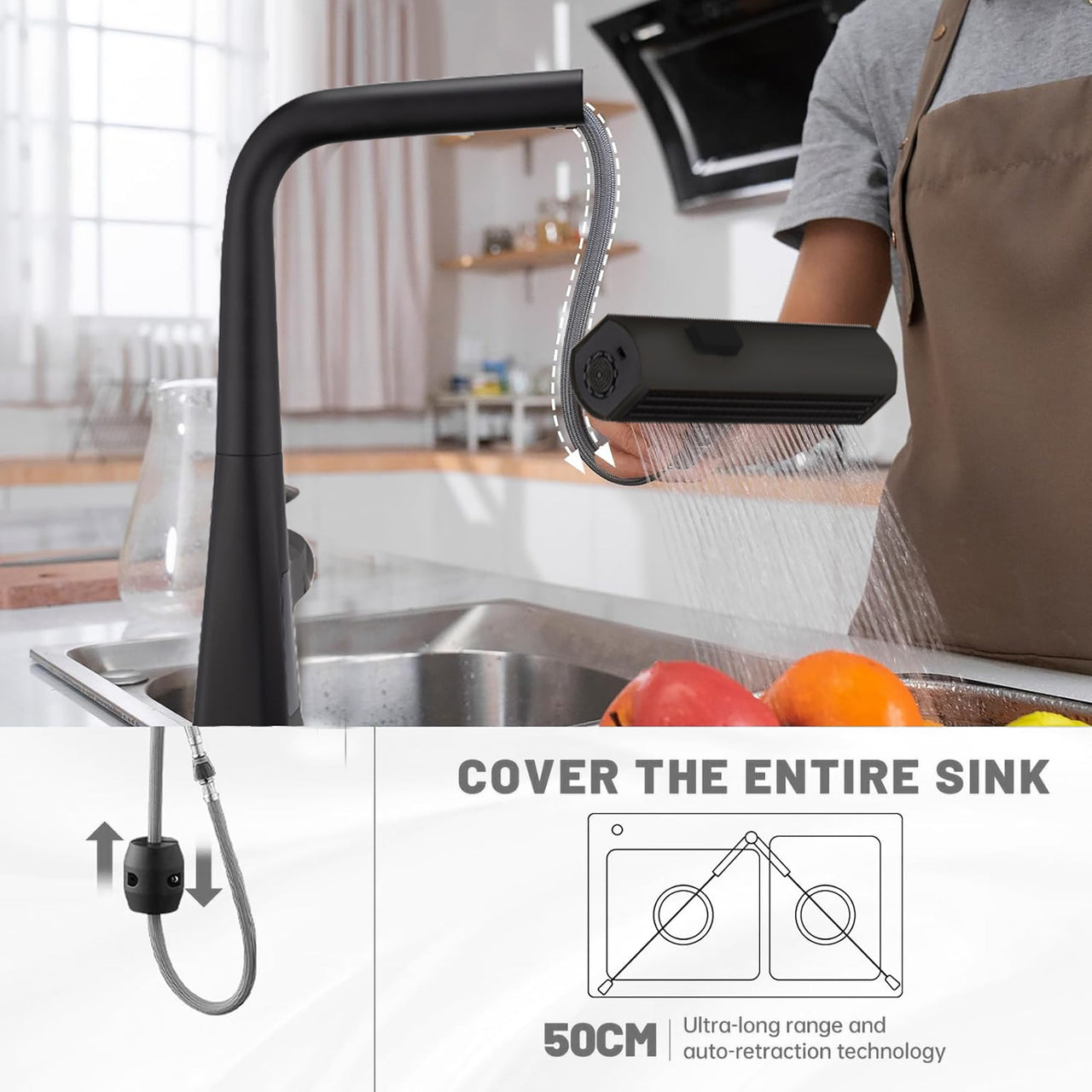 Modern Matte Black Waterfall Kitchen Faucet with Temperature Display and Pull Down Sprayer, Zinc Construction, 15.75-Inch Height