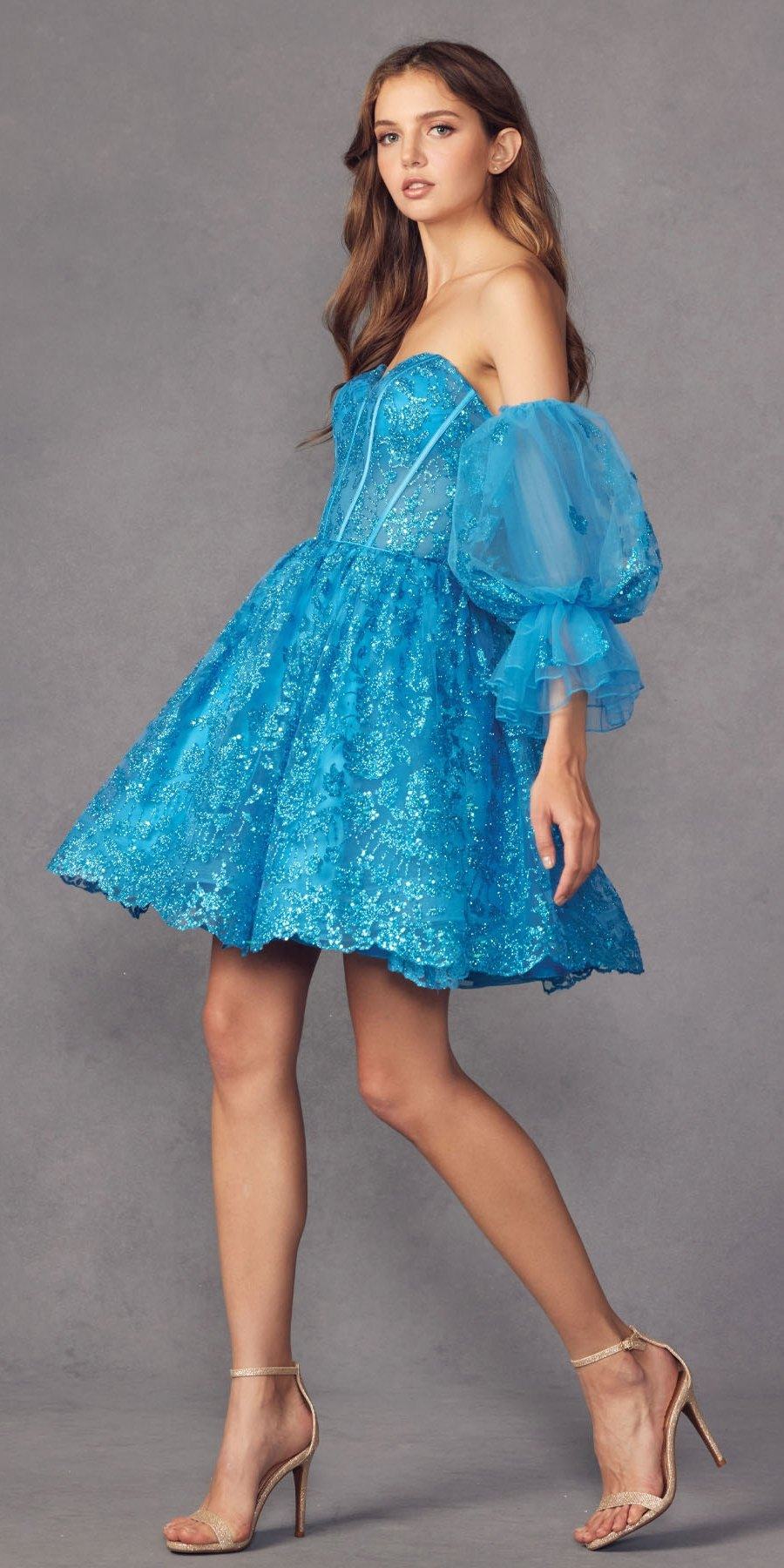 Juliet 895 Short A-Line Glitter Boned Dress Detachable Puff Sleeves