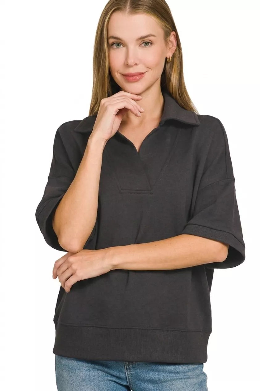 Zenana Scuba Collared Short Sleeve Pullover