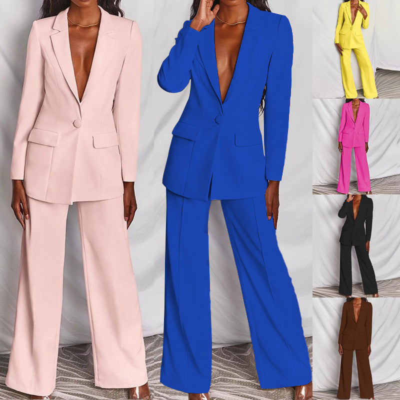 2pcs Casual Suit Lapel Button-down Blazer Jacket And Straight-leg Pants Office Commuting Business Trousers Set Clothing (See size chart where applicable)