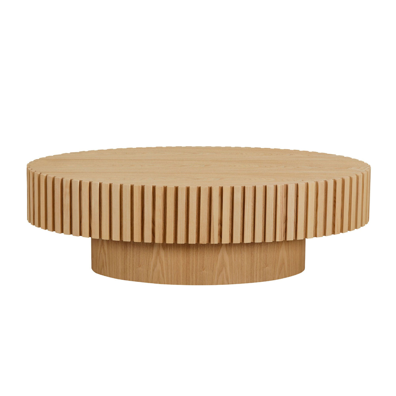 Modern Handcraft Drum Coffee Table Length 43.7 inch Ellipse Coffee Table for Living Room,Oval Small Coffee Table with Sturdy Pedestal,Natural Ash MDF