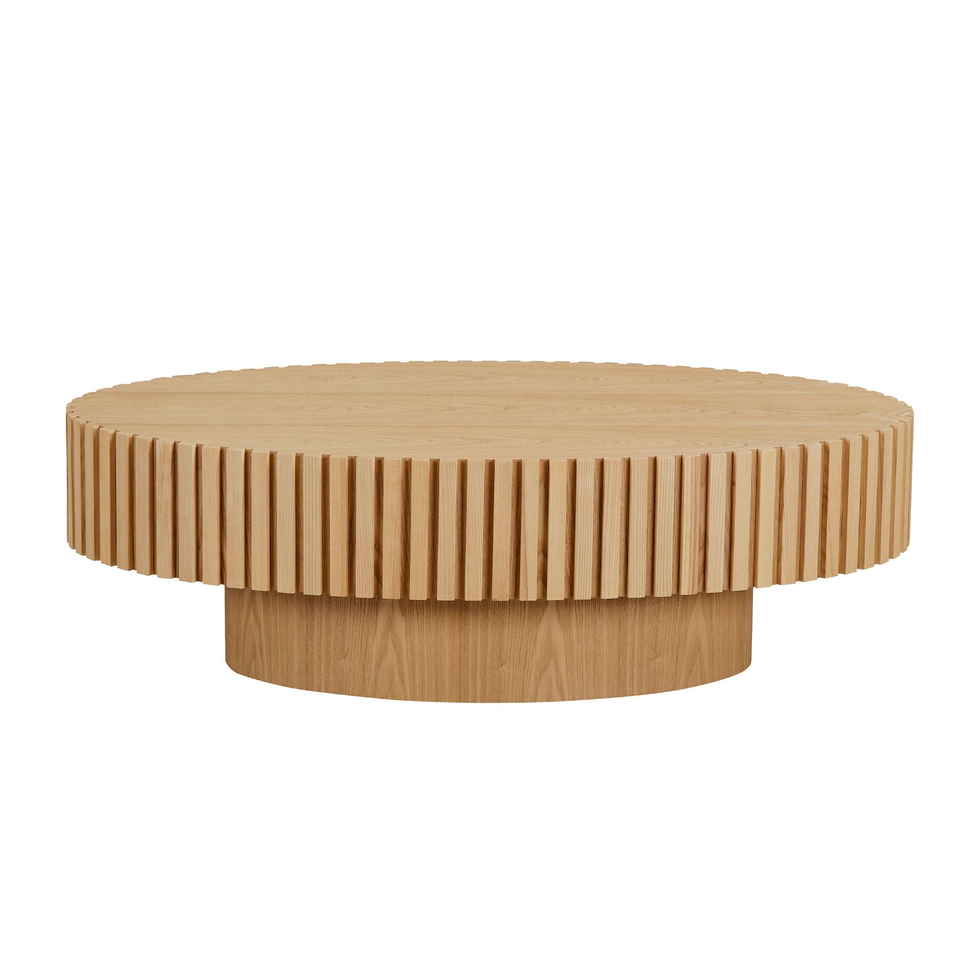 Modern Handcraft Drum Coffee Table Length 43.7 inch Ellipse Coffee Table for Living Room,Oval Small Coffee Table with Sturdy Pedestal,Natural Ash MDF