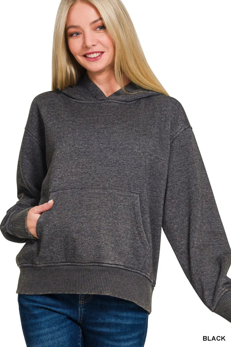 Zenana Fleece Acid Wash Kangaroo Pocket Hoodie