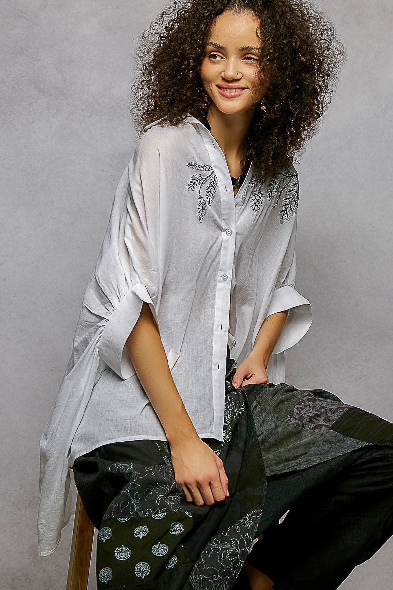 POL Button Down Embroidered Floral High-Low Hem Shirt