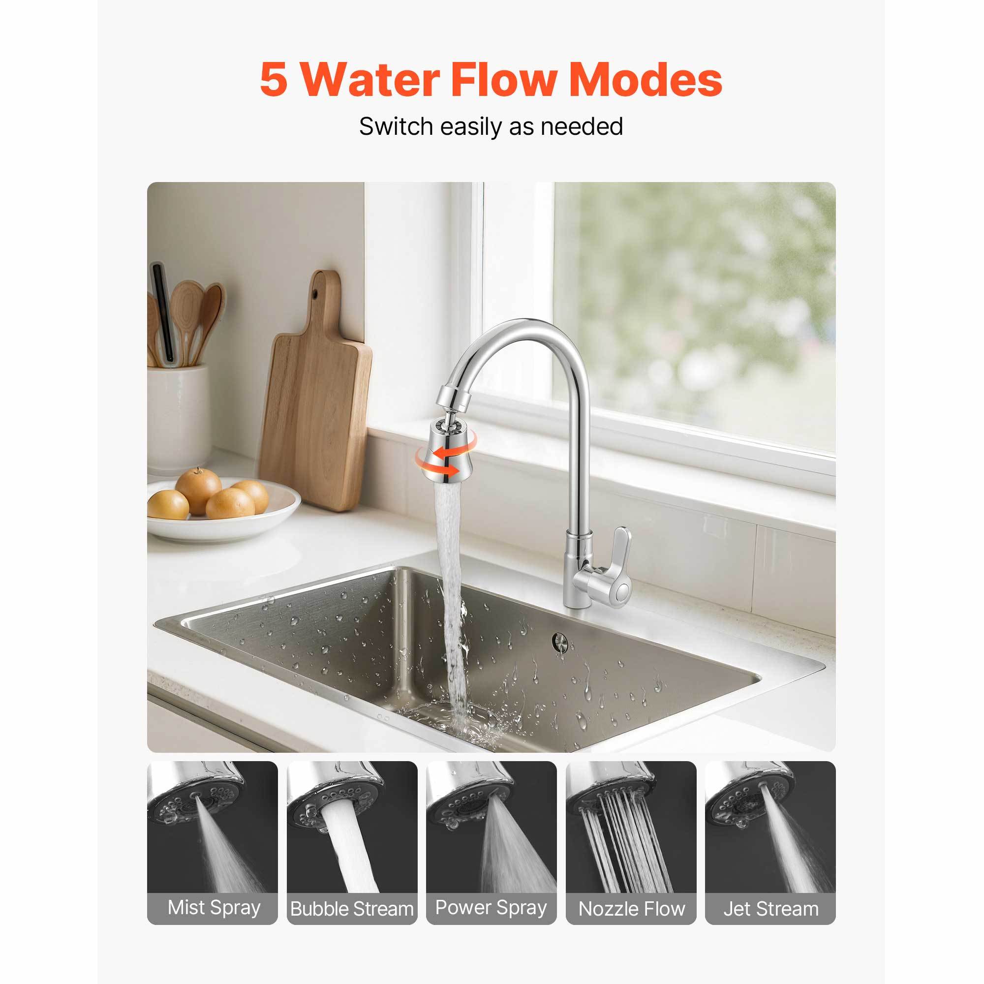 Faucet Aerator 360° Swivel Kitchen Sink Aerator 5-Flow Sprayer Brass Adapter