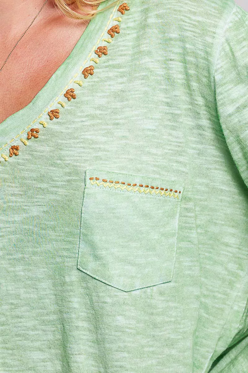 POL V-Neck Contrast Stitch Lightweight Knit Long Sleeve Top
