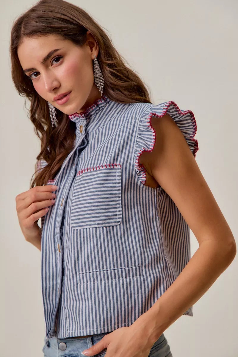 SO ME Stripe Twill Stitch Ruffled Hidden Button Vest Top