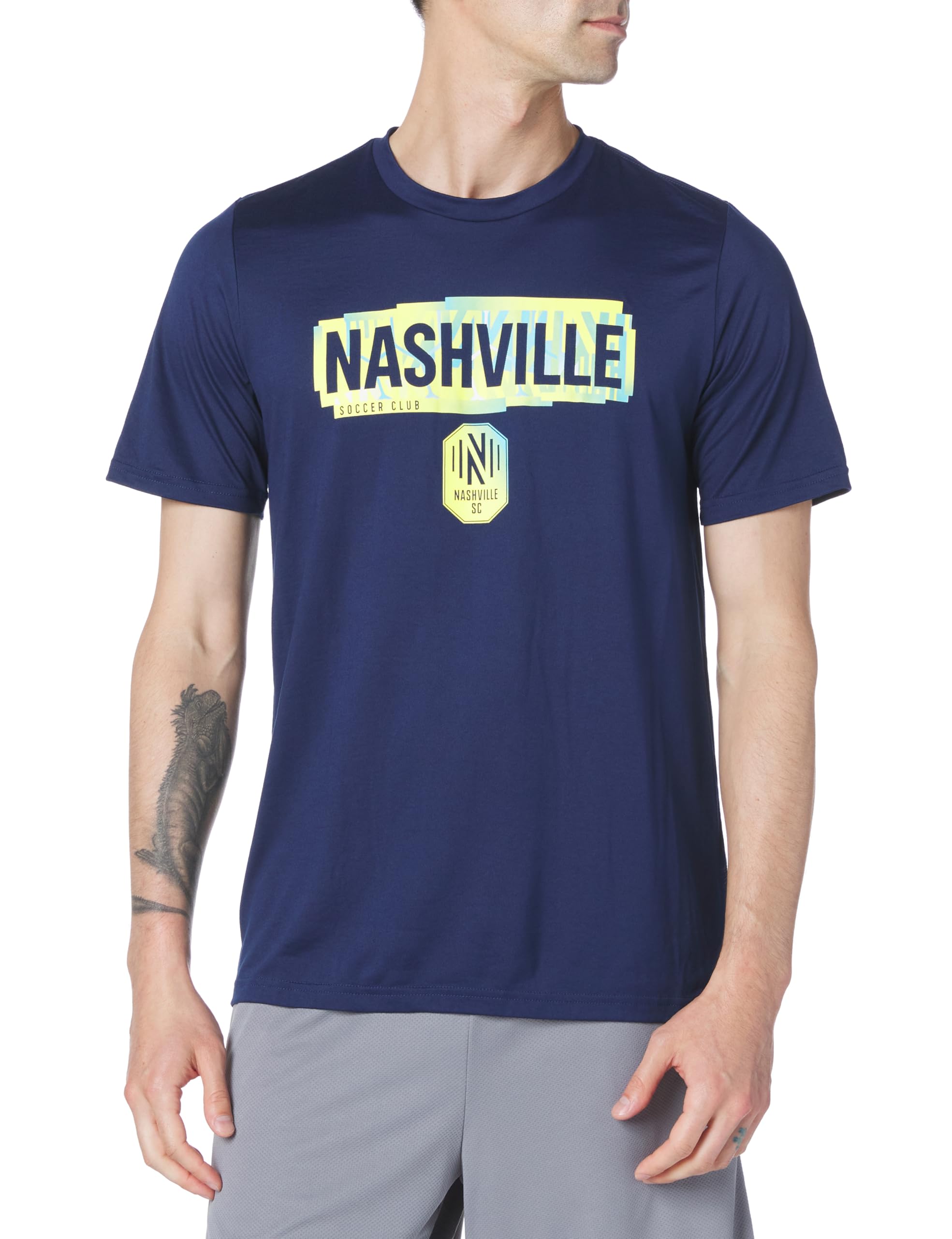 adidas Mens Size SC Short Sleeve Pre-Game T-Shirt Team Navy Blue/Nashville Soccer Club Small Tall