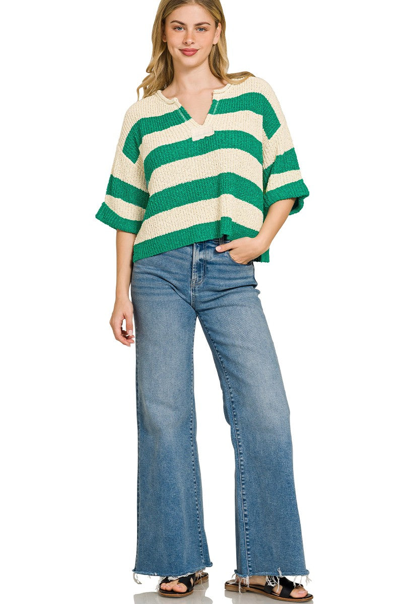Zenana Split Neck Stripe Sweater