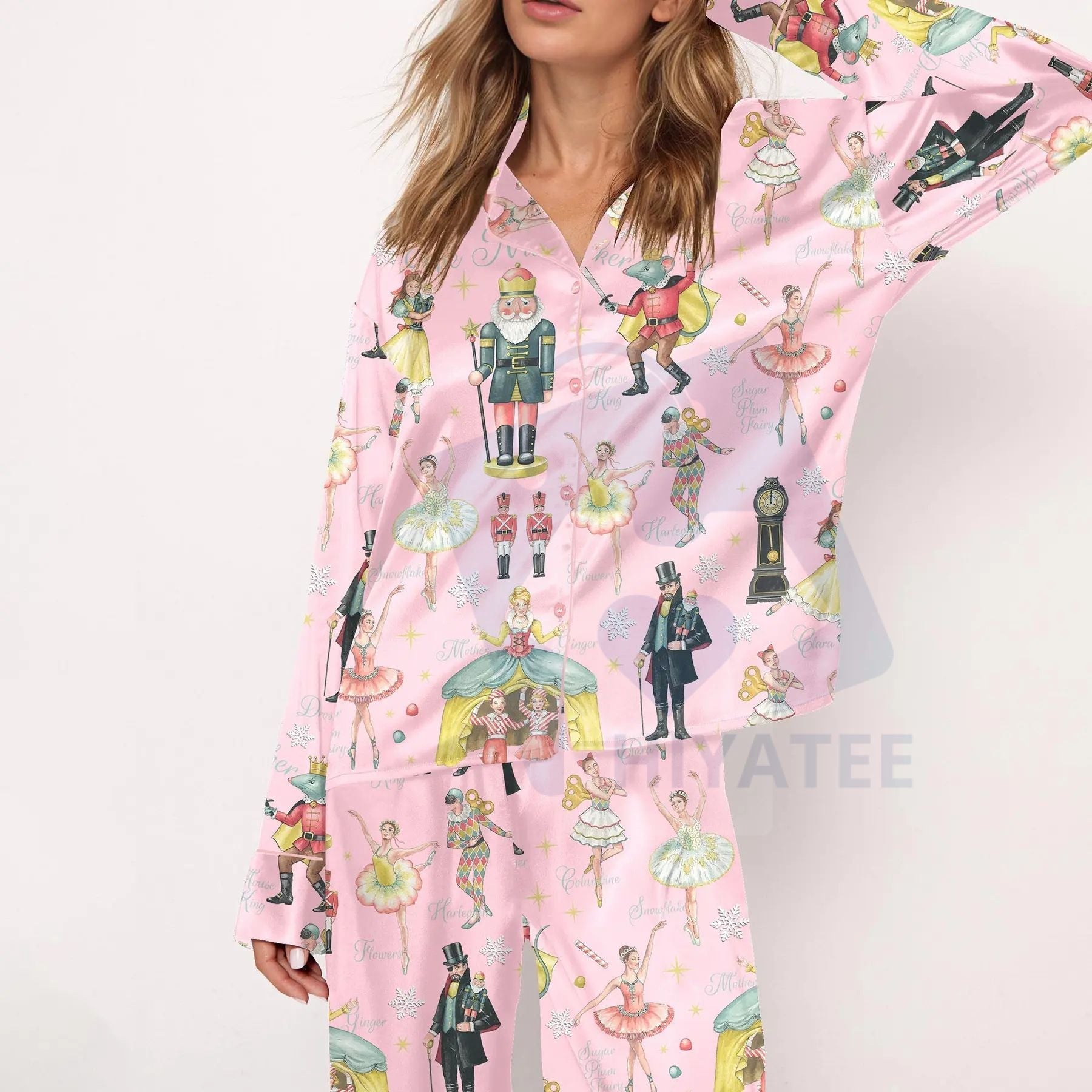 Nutcracker Ballet Christmas Satin Pajama Set For Women Print Comfy Satin Sleepwear & Loungewear Pjs Printing Silky Top & Bottoms