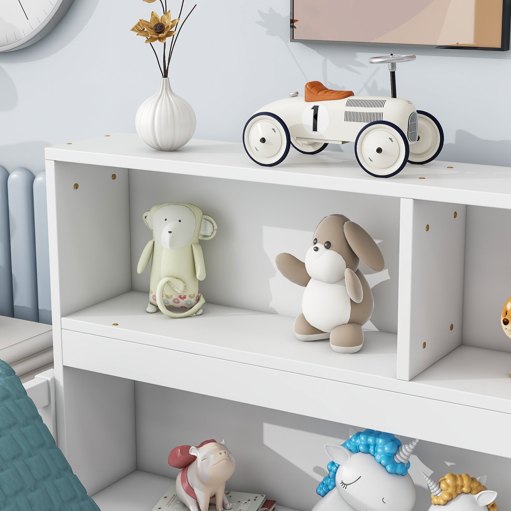 Full Floor Bed with Side Bookcase,Shelves,Guardrails,White
