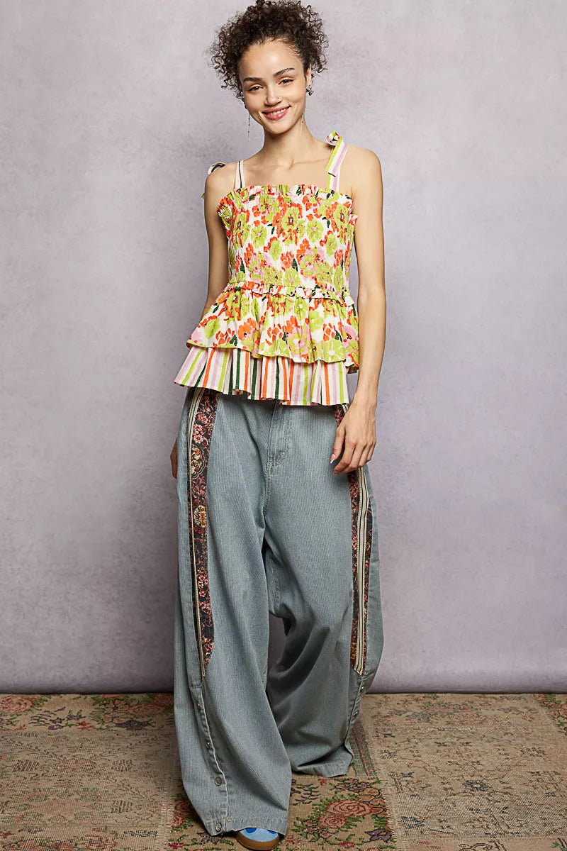 POL Floral Smocked Ruffled Cami with Tie Shoulder Straps