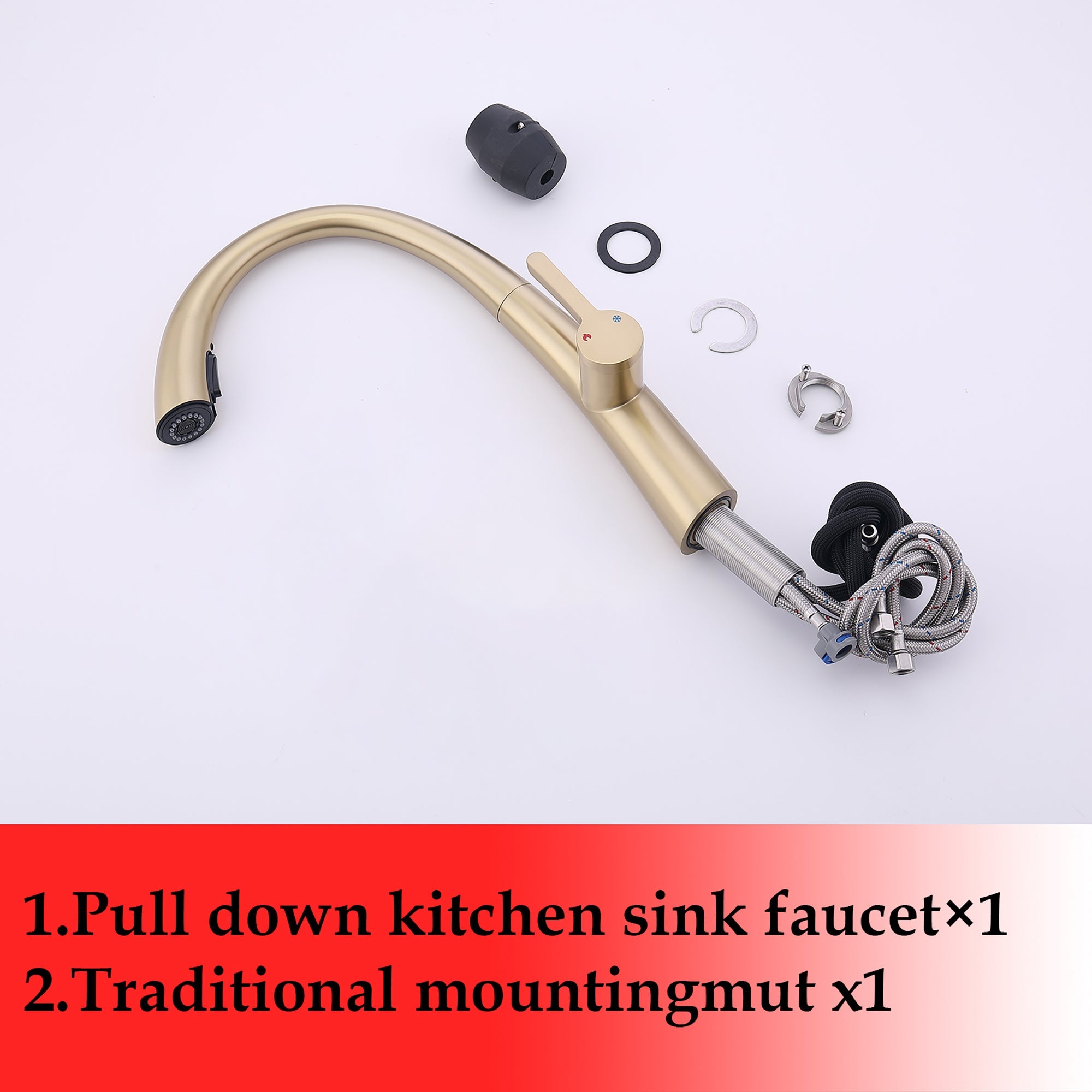 Elegant Single Handle Stainless Steel Pull Out Kitchen Faucet Brushed Gold with High-Arch Spout