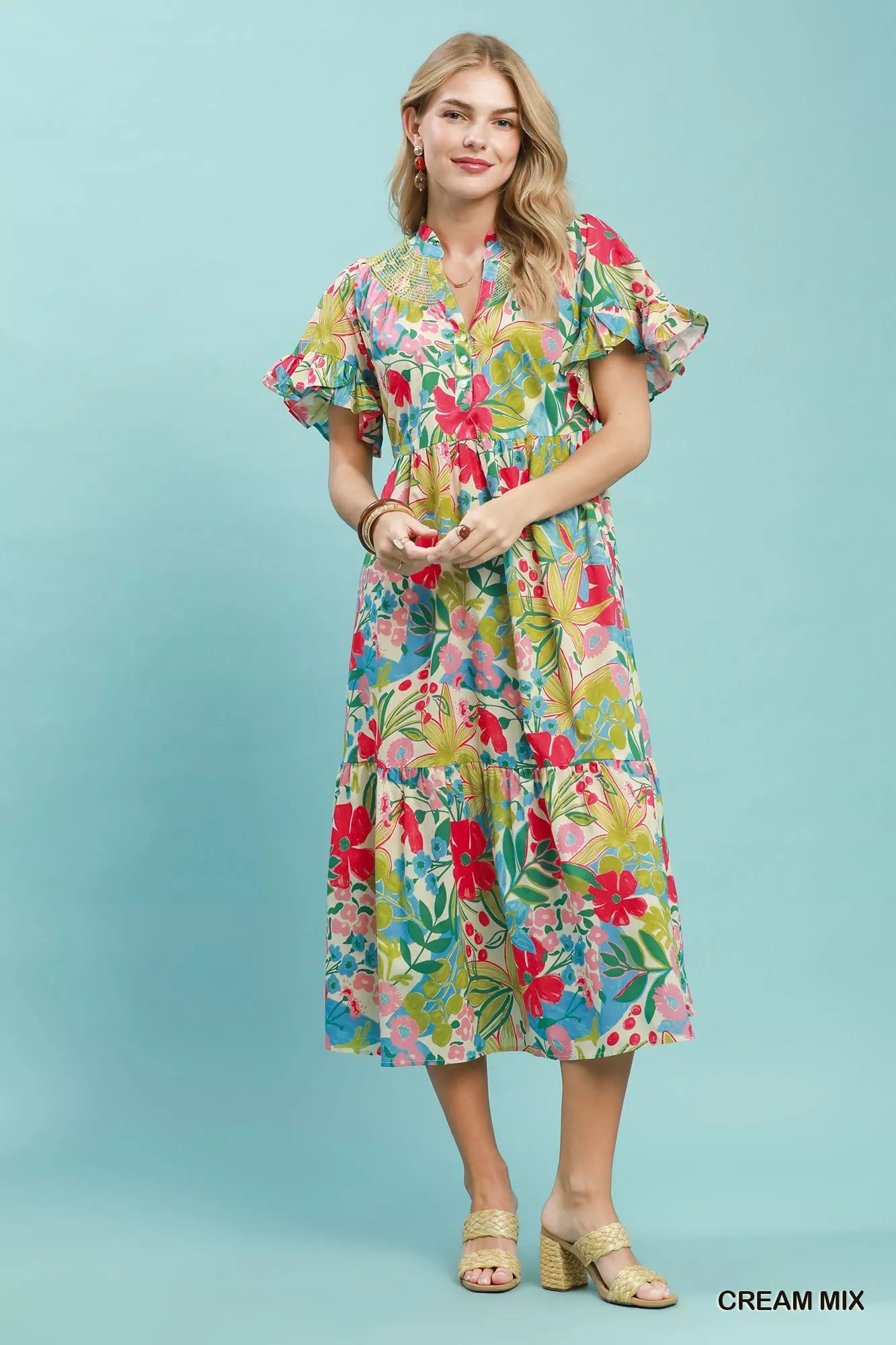 Umgee Tropical Floral Ruffle Sleeve Tiered Midi Dress
