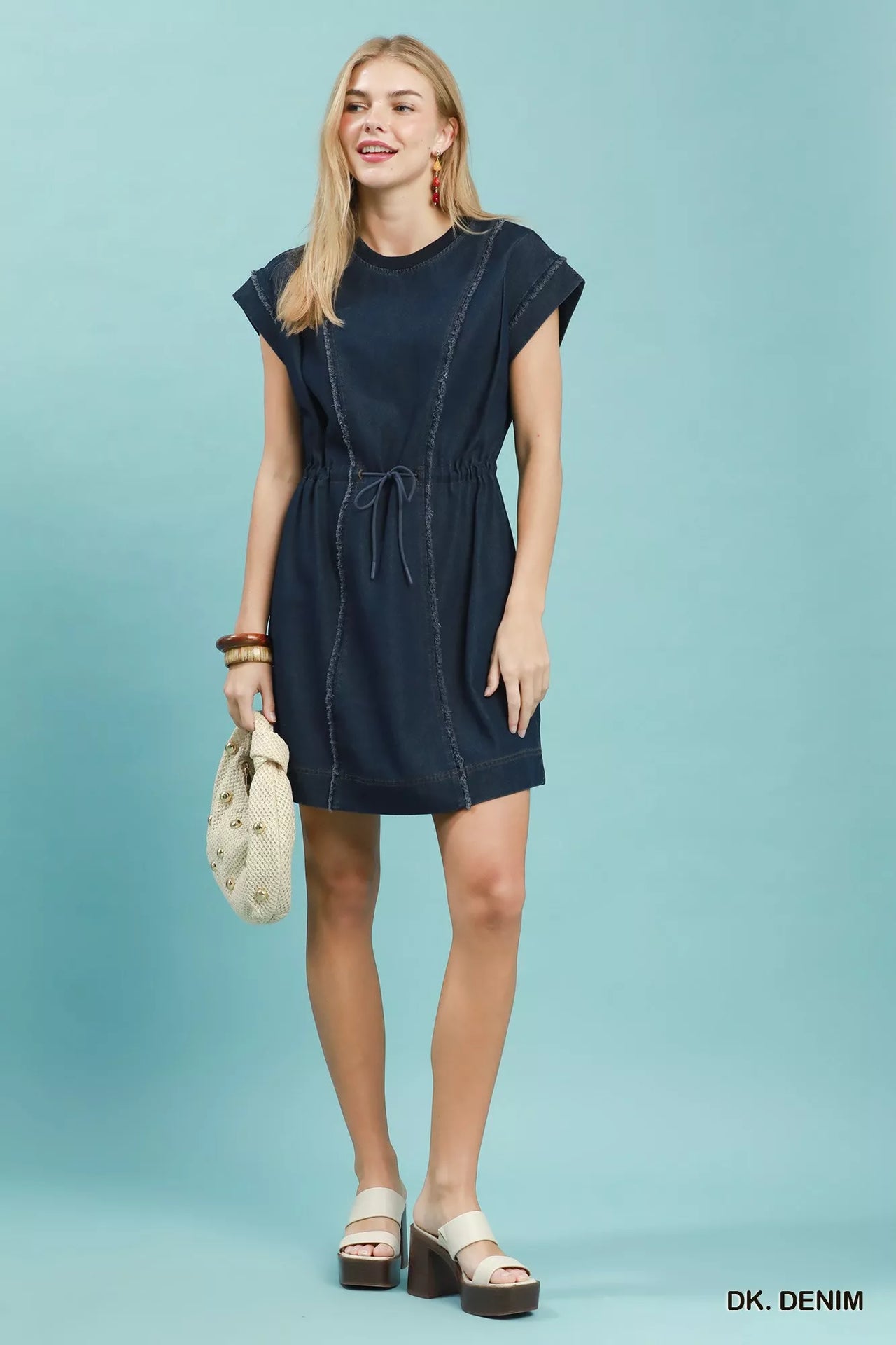 Umgee Drawstring Waist Frayed Denim Mini Dress