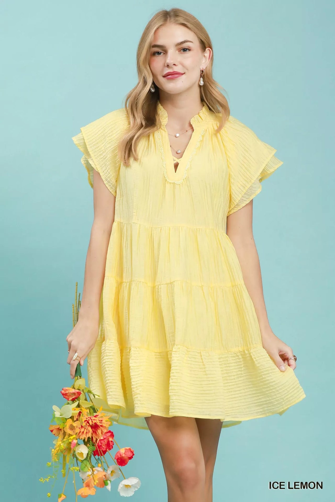 Umgee Tiered Ruffle Sleeve Textured Mini Dress