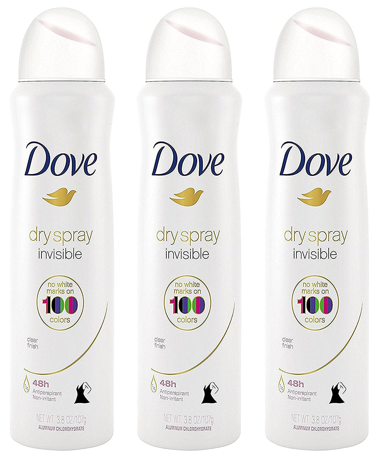 Dove Antiperspirant Dry Spray - Invisible - Clear Finish - 3.8 OZ (107 g) Per Can - Pack of 3 Cans