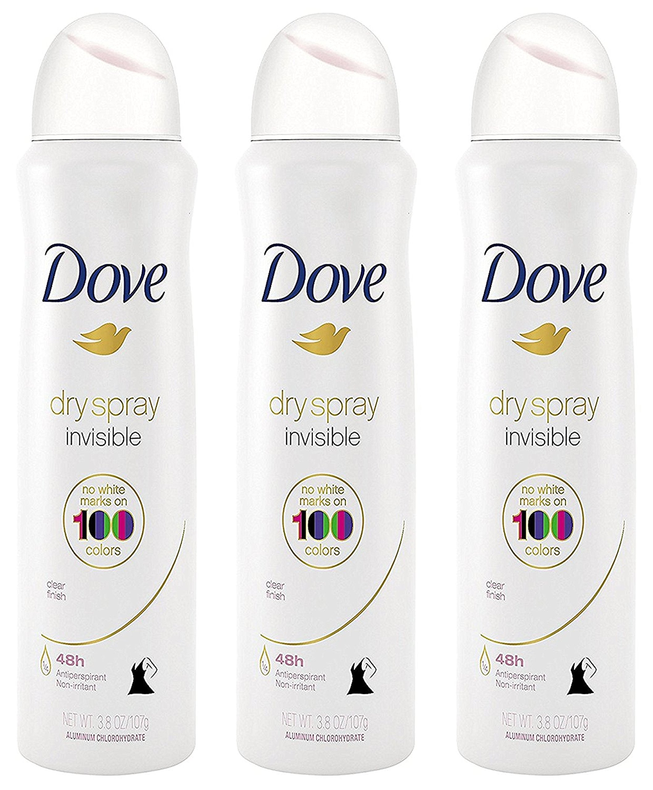 Dove Antiperspirant Dry Spray - Invisible - Clear Finish - 3.8 OZ (107 g) Per Can - Pack of 3 Cans